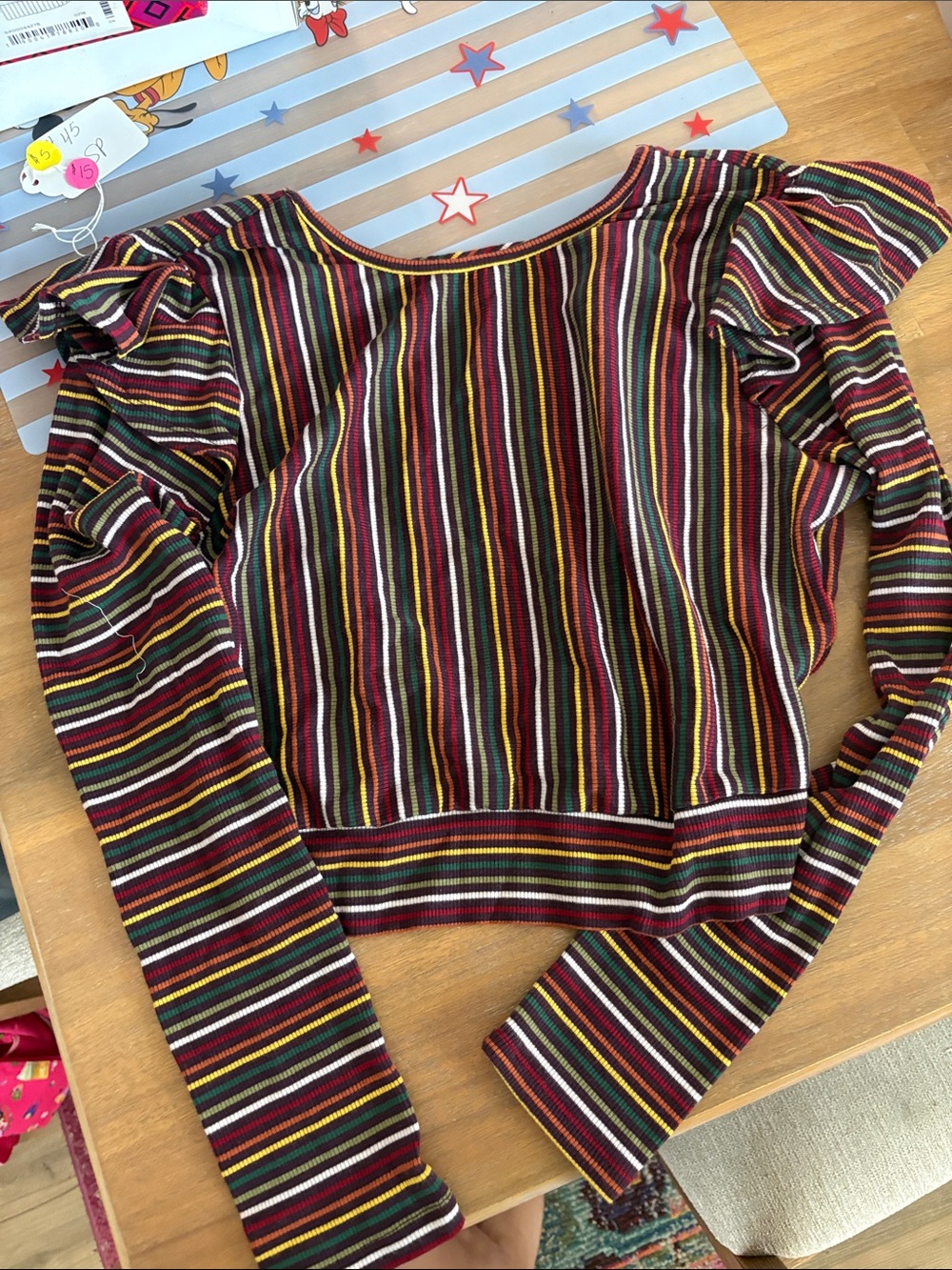Striped Ruffle-Shoulder Long Sleeve Top - Multi